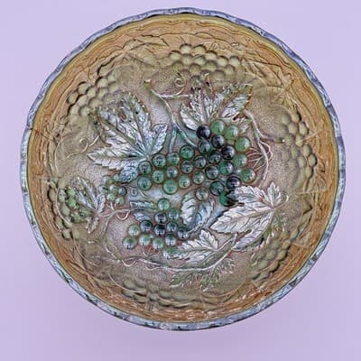 Antique Imperial Glass Footed Bowl & Plate In Carnival Helios Green W/Grapes - Thumbnail 5