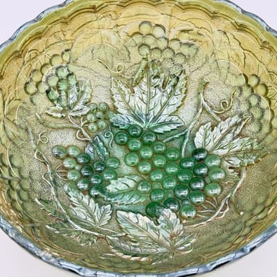 Antique Imperial Glass Footed Bowl & Plate In Carnival Helios Green W/Grapes - Thumbnail 4