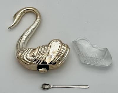 Vintage Silver Plate Swan Salt Cellar W Glass Insert & Spoon Regencycore No Base