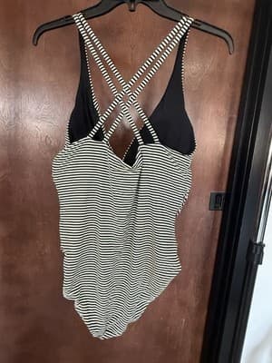 Nip Tuck Striped Bathing Suit Navy White Cross Straps Lifting & Slimming Sz 10 - Thumbnail 2