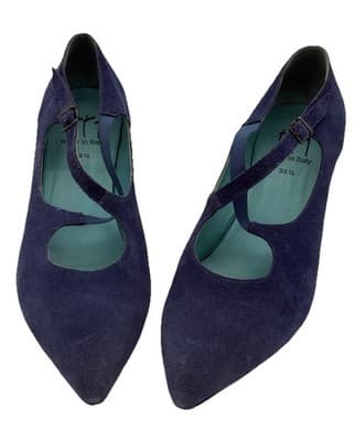 Thierry Rabotin Blue Suede Mary Jane Pointy Toe Heels EU 39.5 Handmade Italy