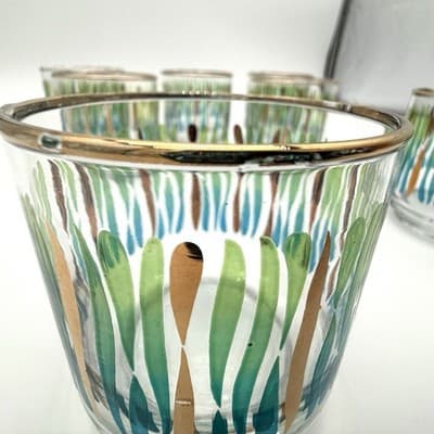 Vintage Culver MCM 22K Gold Rim Lowball Glasses Set of 8 Abstract Pattern - Thumbnail 3