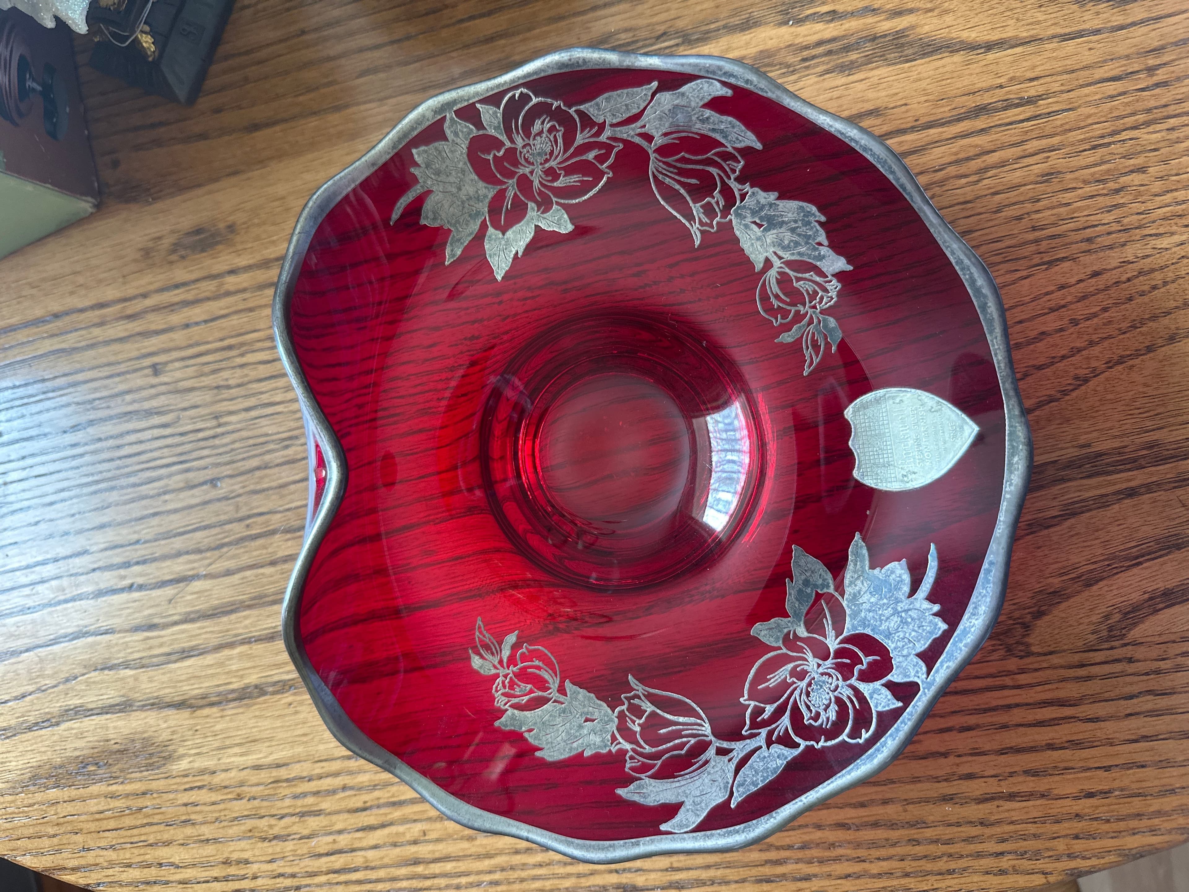 Vintage Red Glass Bowl with Silver Floral Design - Image 1