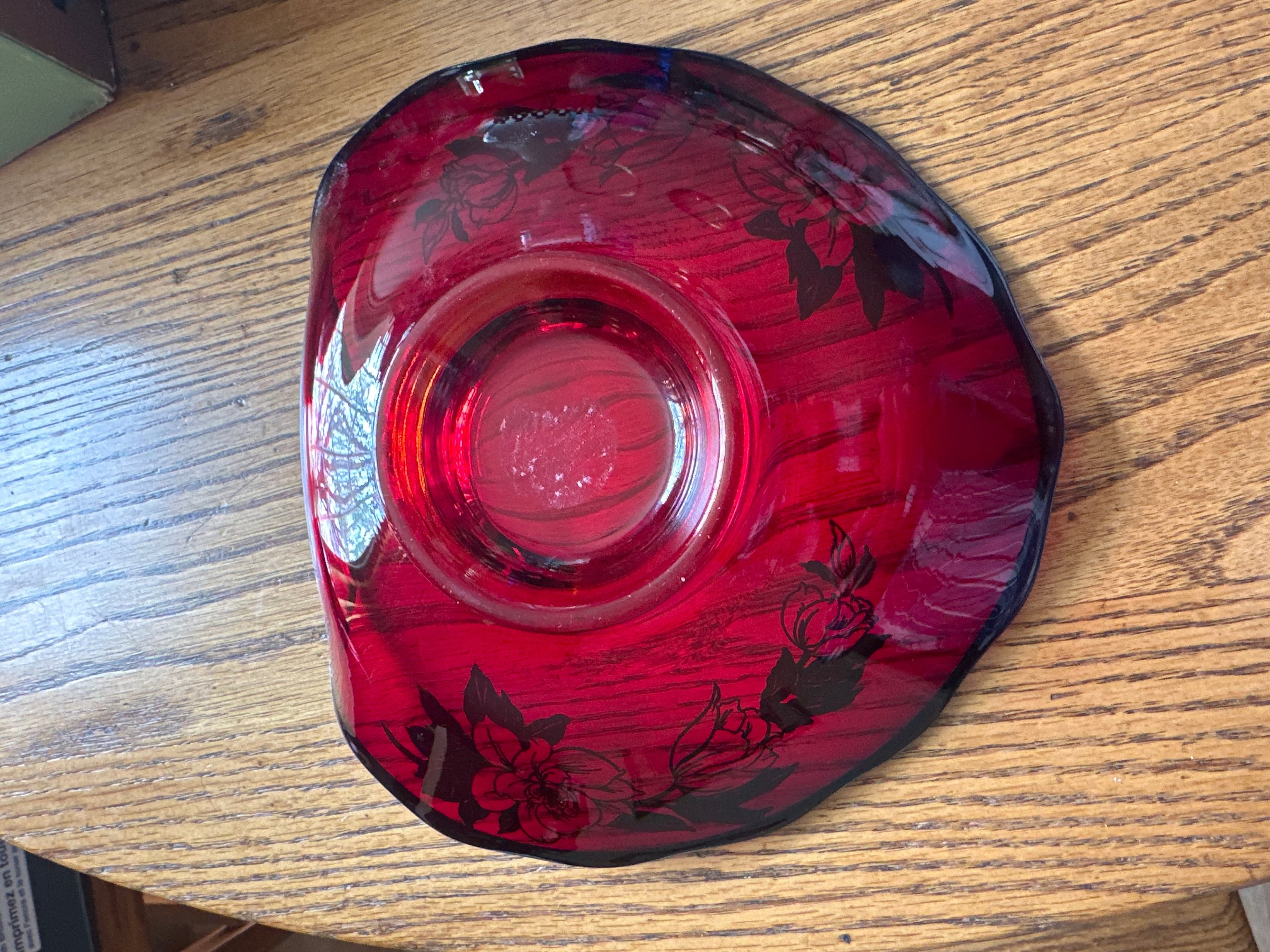 Vintage Red Glass Bowl with Silver Floral Design - Thumbnail 2