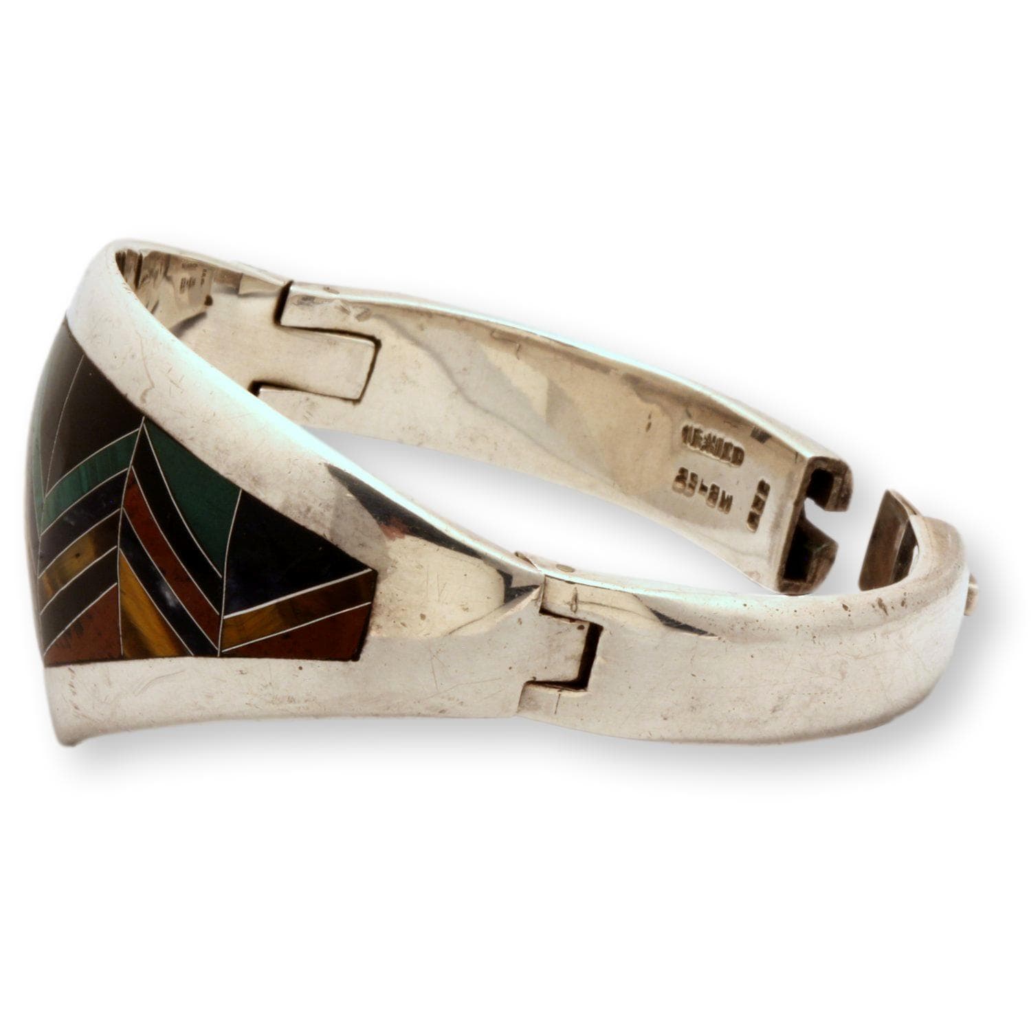 Vintage Mexican 950 Fine Silver Multi-Stone Inlay Hinged Bangle Bracelet - Size 7 - Thumbnail 4