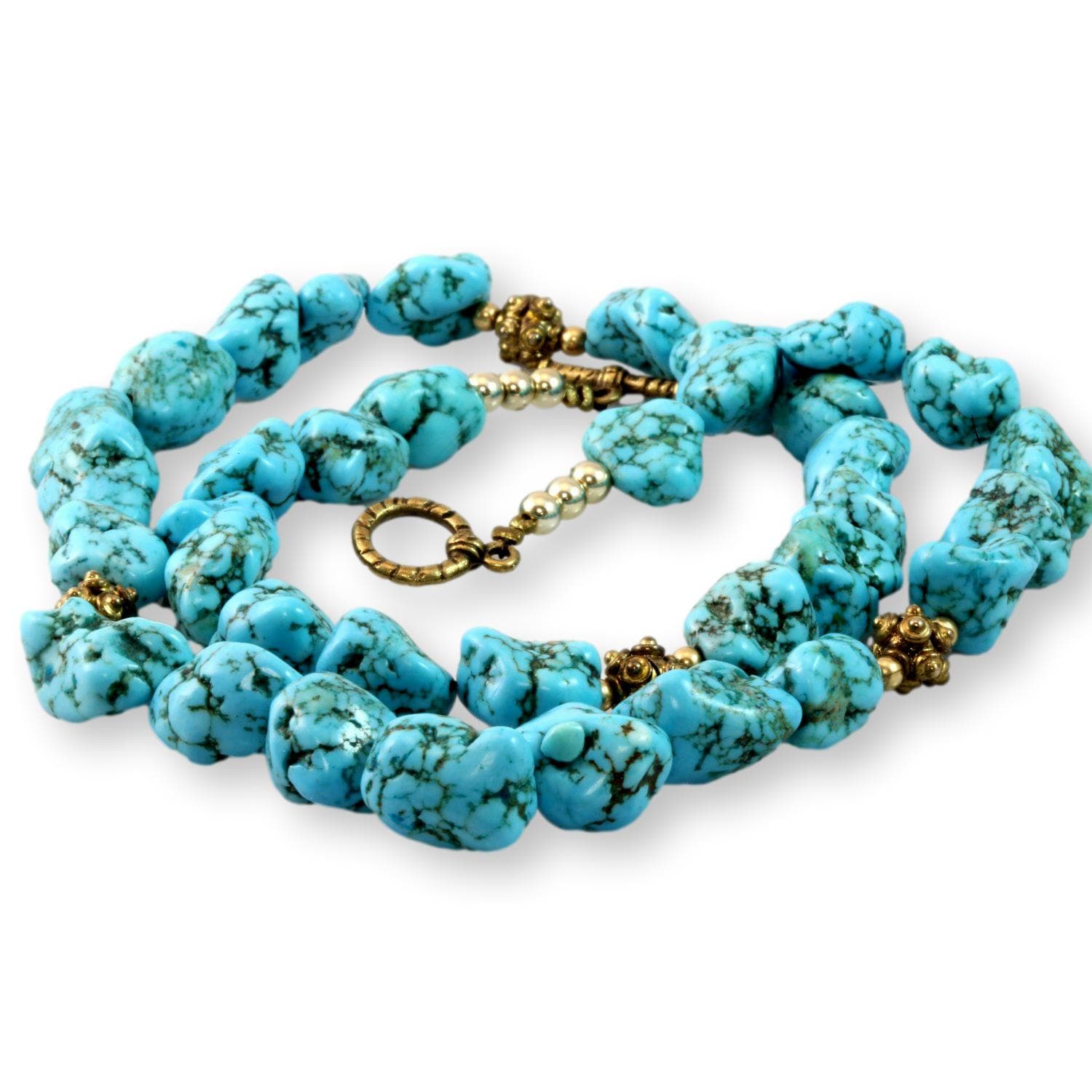 Turquoise Nugget Necklace - Brass Tone Accent Beads & Toggle Clasp - 21" - Thumbnail 4