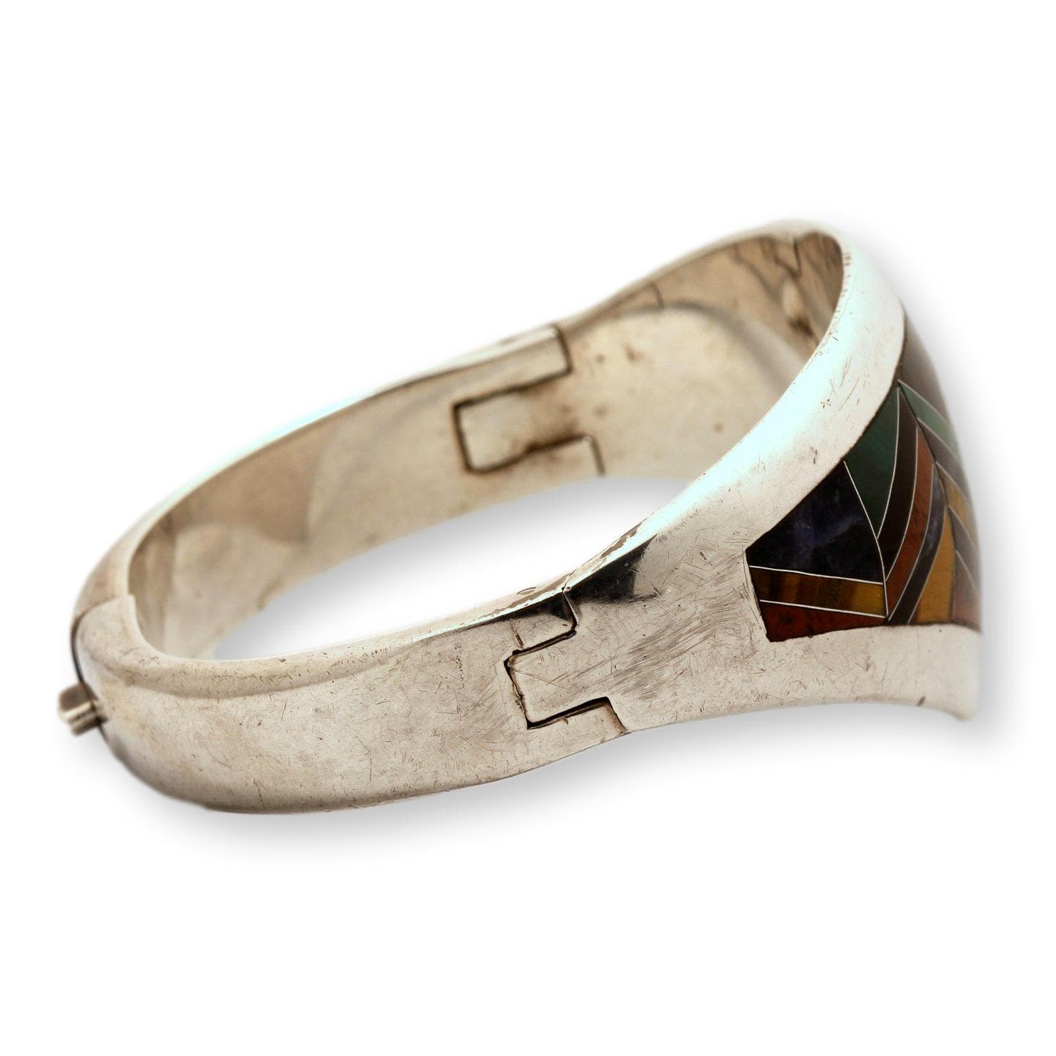 Vintage Mexican 950 Fine Silver Multi-Stone Inlay Hinged Bangle Bracelet - Size 7 - Thumbnail 3