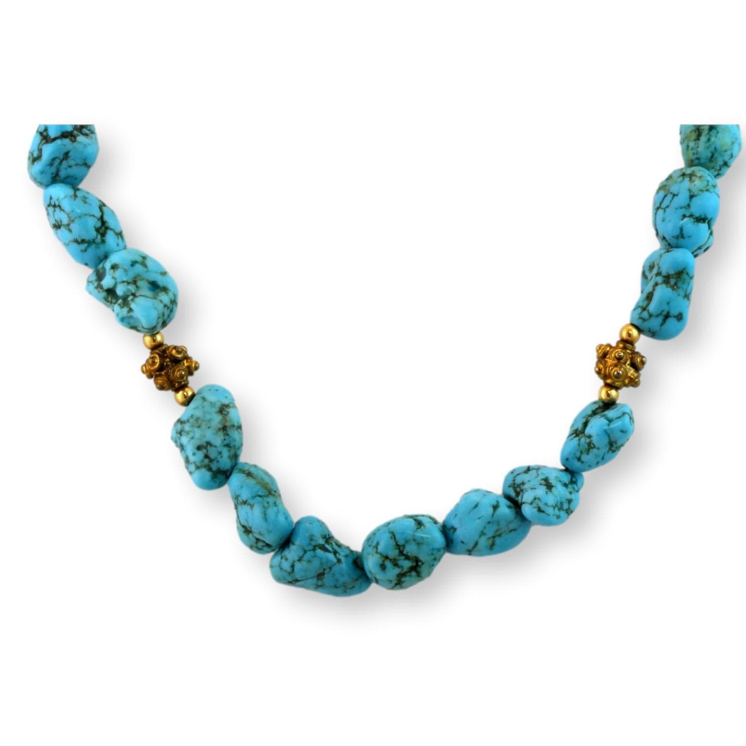 Turquoise Nugget Necklace - Brass Tone Accent Beads & Toggle Clasp - 21" - Thumbnail 2