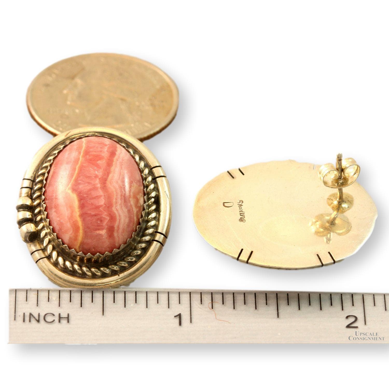 Sterling Silver Rhodochrosite Cabochon Earrings – Large Oval - 1.1625"(l) x 1.00"(w) - Thumbnail 2