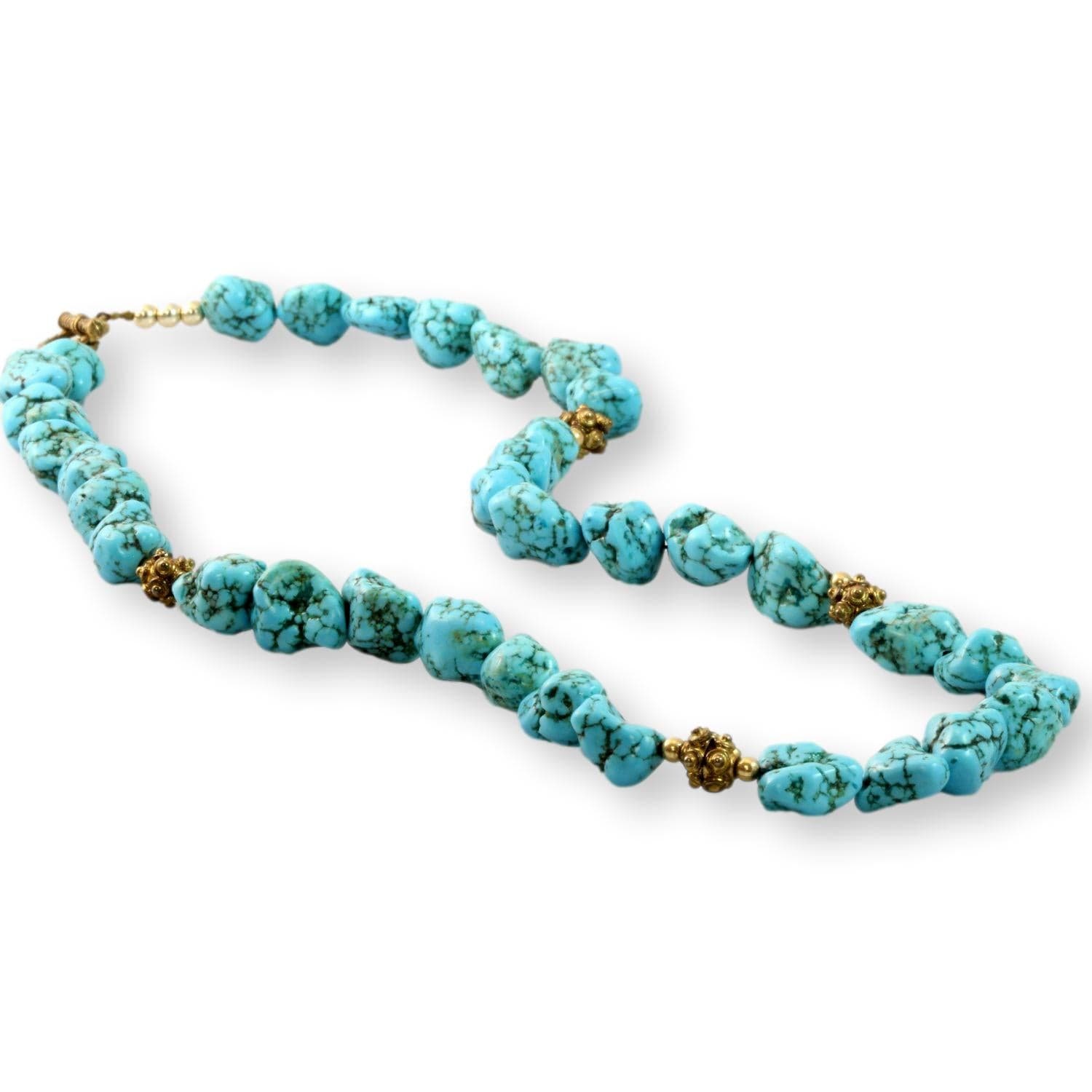 Turquoise Nugget Necklace - Brass Tone Accent Beads & Toggle Clasp - 21" - Thumbnail 3