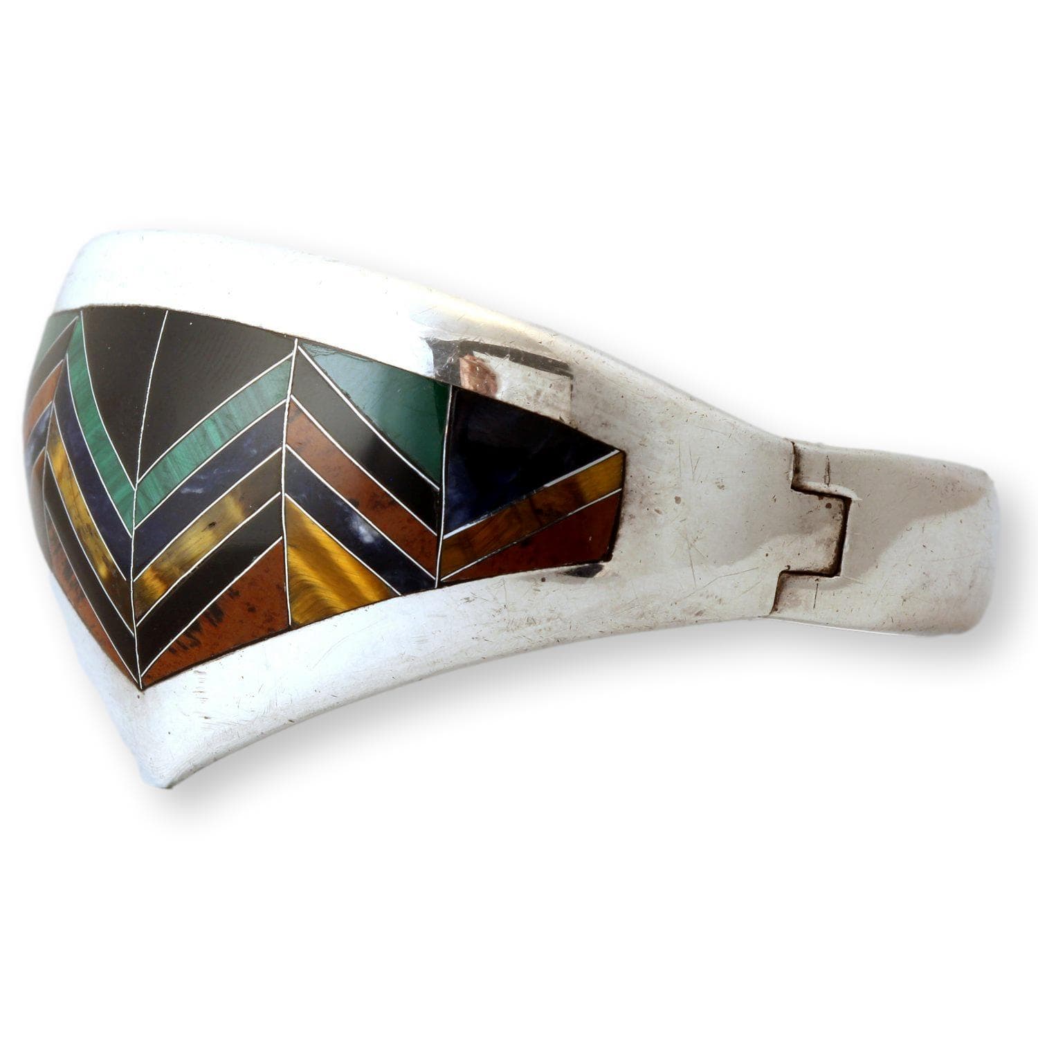 Vintage Mexican 950 Fine Silver Multi-Stone Inlay Hinged Bangle Bracelet - Size 7 - Thumbnail 2