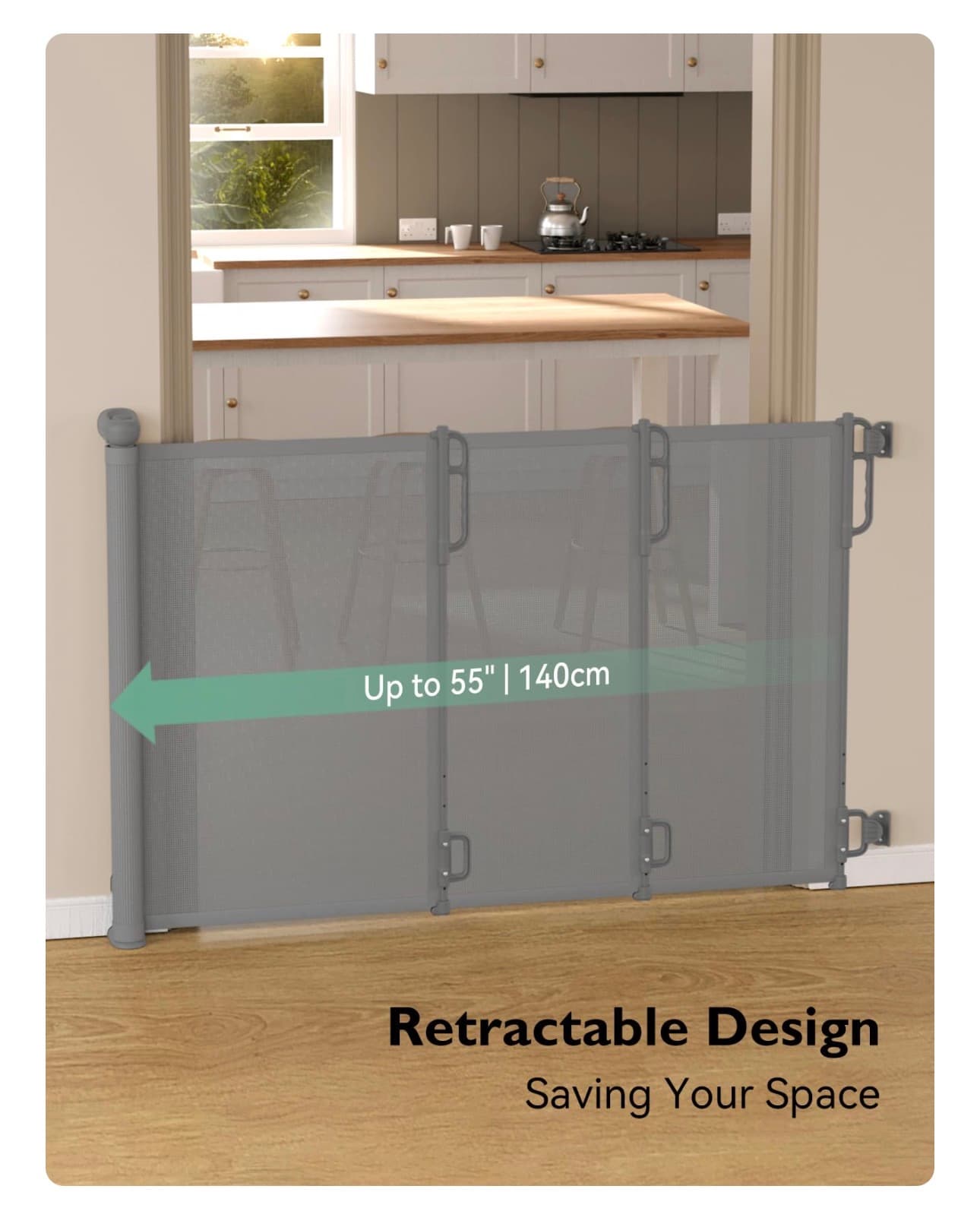 Momcozy Auto Lock Retractable Baby Gate, Safety Gate for Baby and Pet, 33" Tall, Extends to 55" Wide, Mesh Safety Dog Gate for Stairs, Indoor, Outdoor, Doorways, Hallways - Thumbnail 7