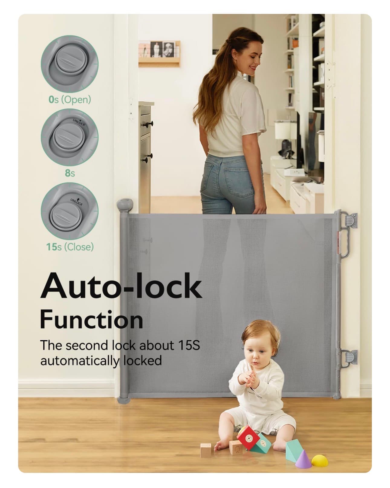 Momcozy Auto Lock Retractable Baby Gate, Safety Gate for Baby and Pet, 33" Tall, Extends to 55" Wide, Mesh Safety Dog Gate for Stairs, Indoor, Outdoor, Doorways, Hallways - Thumbnail 2