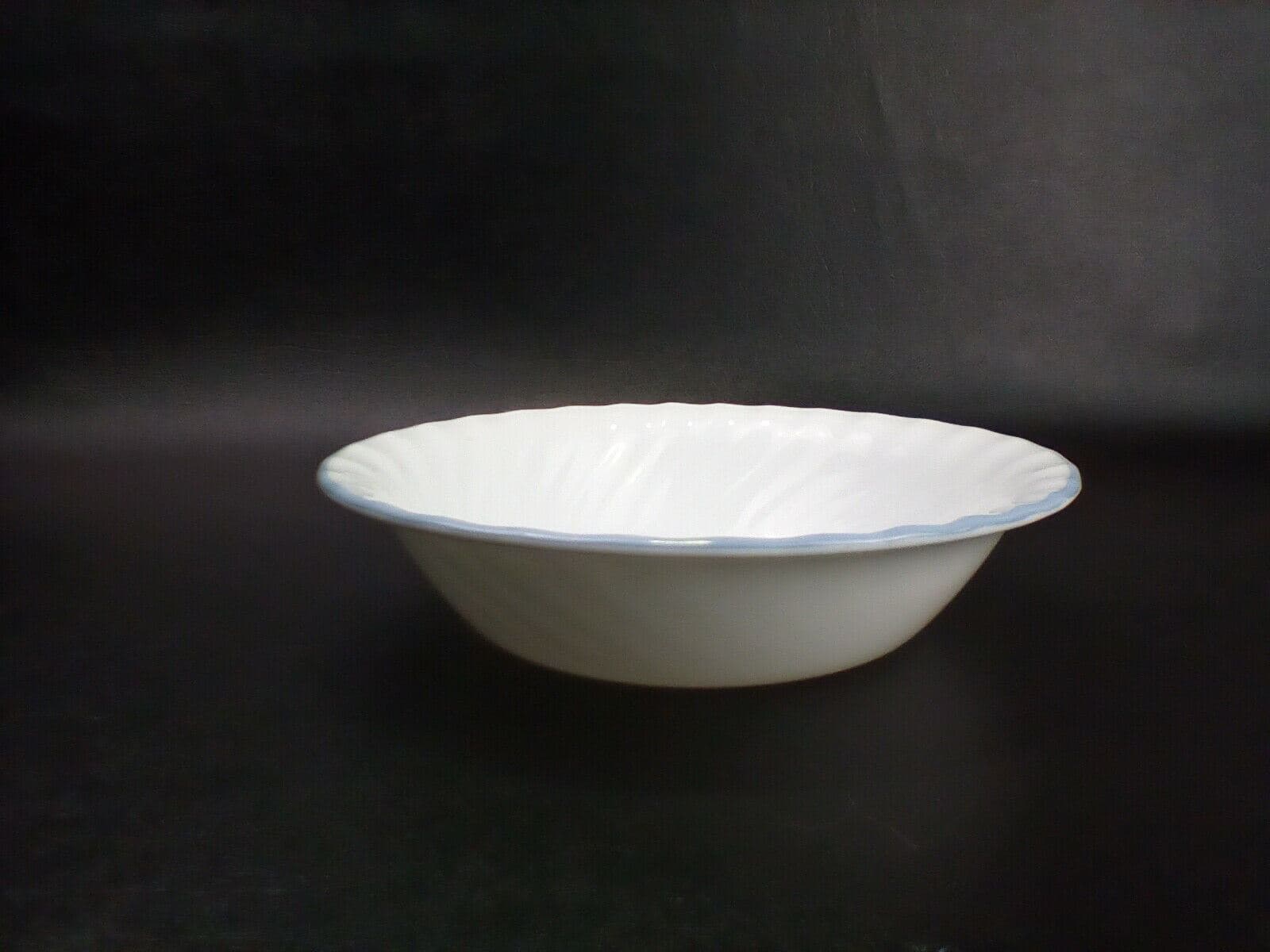 Corelle Delicate Touch 7 1/8" Cereal Bowls Set of 3 Swirl Fluted Light Blue Rim - Thumbnail 2