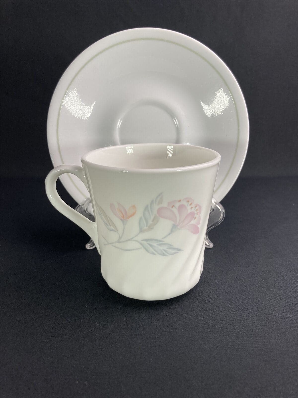 Corning PINK TRIO Mug/Coffee Cup And Saucer ~Swirl Floral White 3 1/4” - Image 1