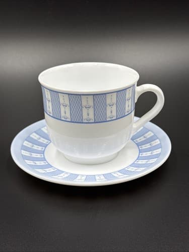 Martha Stewart GARDEN TRELLIS France Blue White Coffee Tea Cup & Saucer Set - Image 1