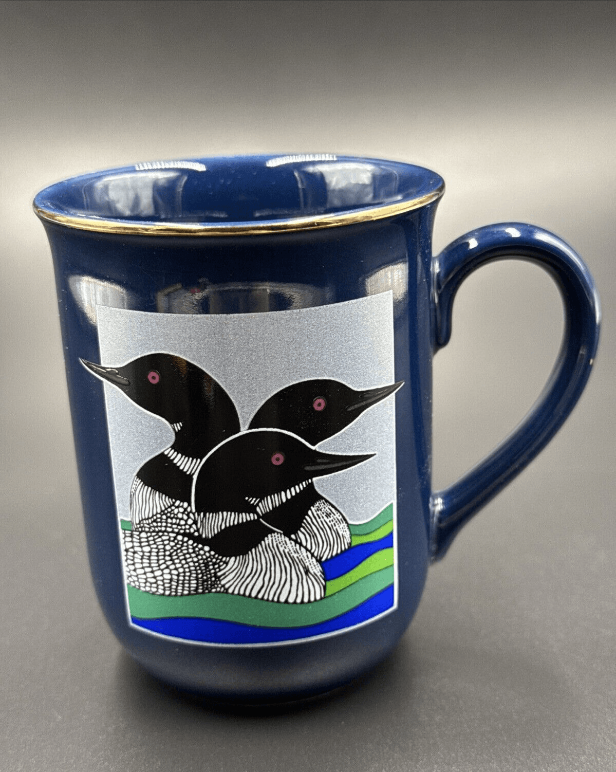 Otagiri Loons Ducks Gold Rim Navy Blue 4" Mug - Image 1