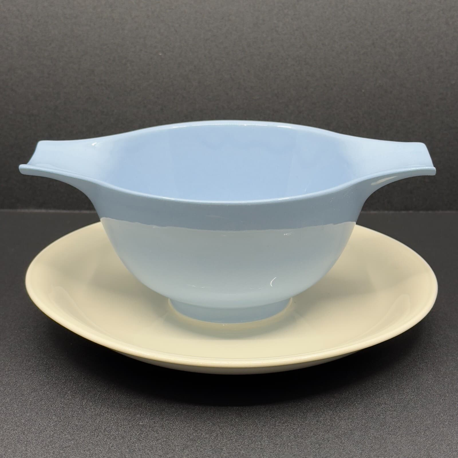 Homer Laughlin Skytone Blue Gravy/Sauce Boat with Attached underplate - Image 1