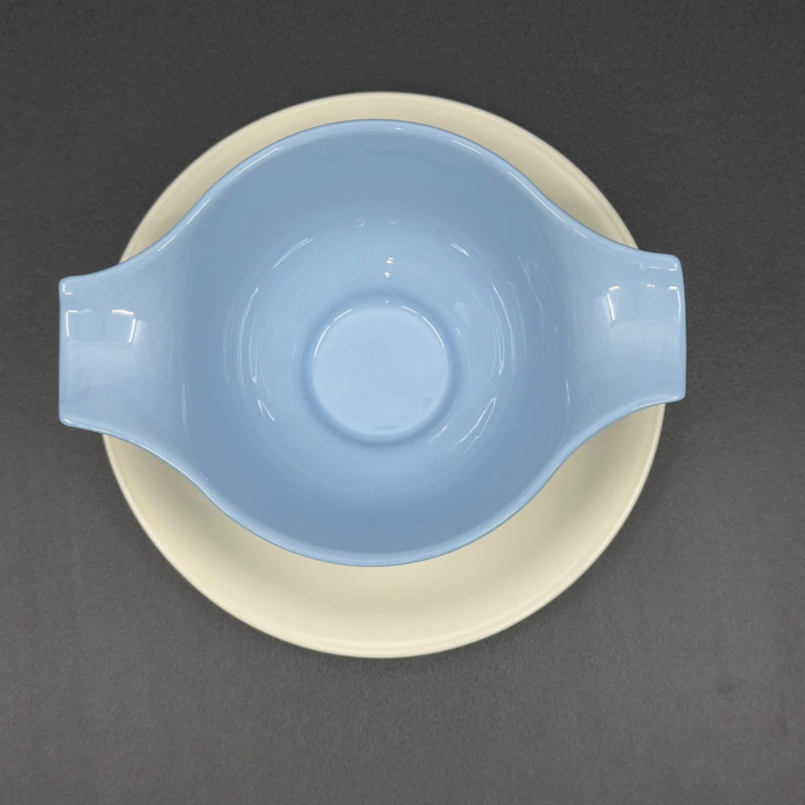 Homer Laughlin Skytone Blue Gravy/Sauce Boat with Attached underplate - Thumbnail 2