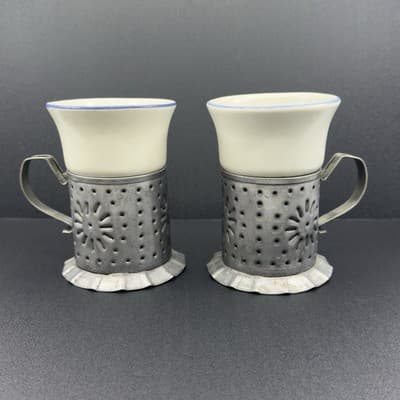 Pfaltzgraff Yorktowne Tinsmith Stoneware Coffee Mugs Cups & Punched Tin Holders - Image 1