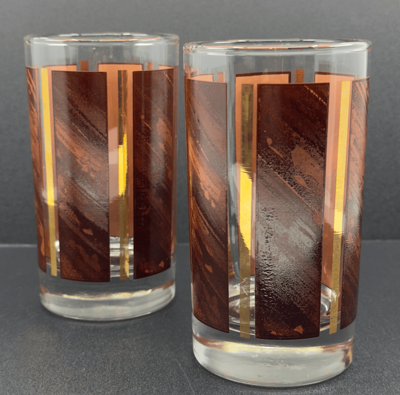 MCM Vintage Libbey Woodgrain Brown and Gold Panel 5" Glass Tumblers Set of 2 - Image 1