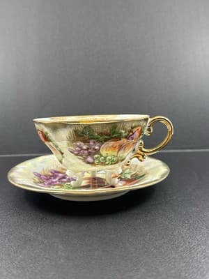 Royal Sealy Footed teacup and saucer- Fruit Motif- Gold Trim-Japan