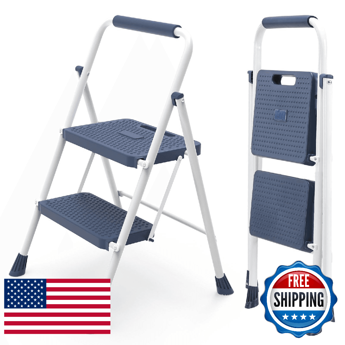 NEWBULIG 2 Step Ladder Folding Step Stool Wide Anti-Slip Pedal Portable Steel Sk - Image 1
