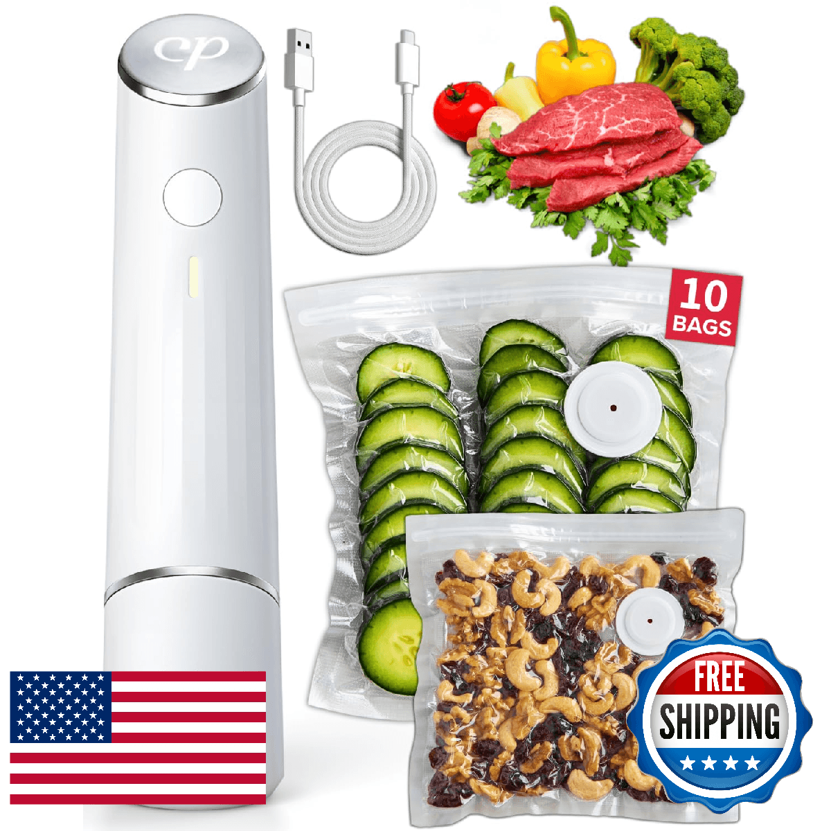 Chef Preserve Compact Vacuum Sealer for Food (Vacuum Sealer Machine + 10 Reusabl - Image 1