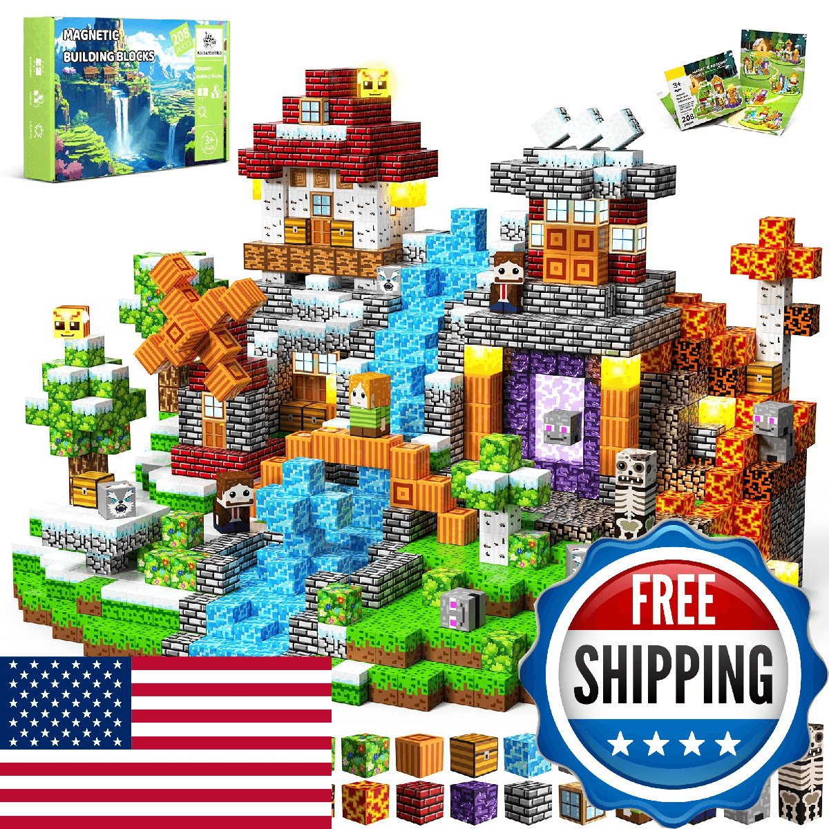 SSAWER Magnetic Blocks, 208PCS Magnetic Building Blocks, Stacking Magnetic for K - Image 1