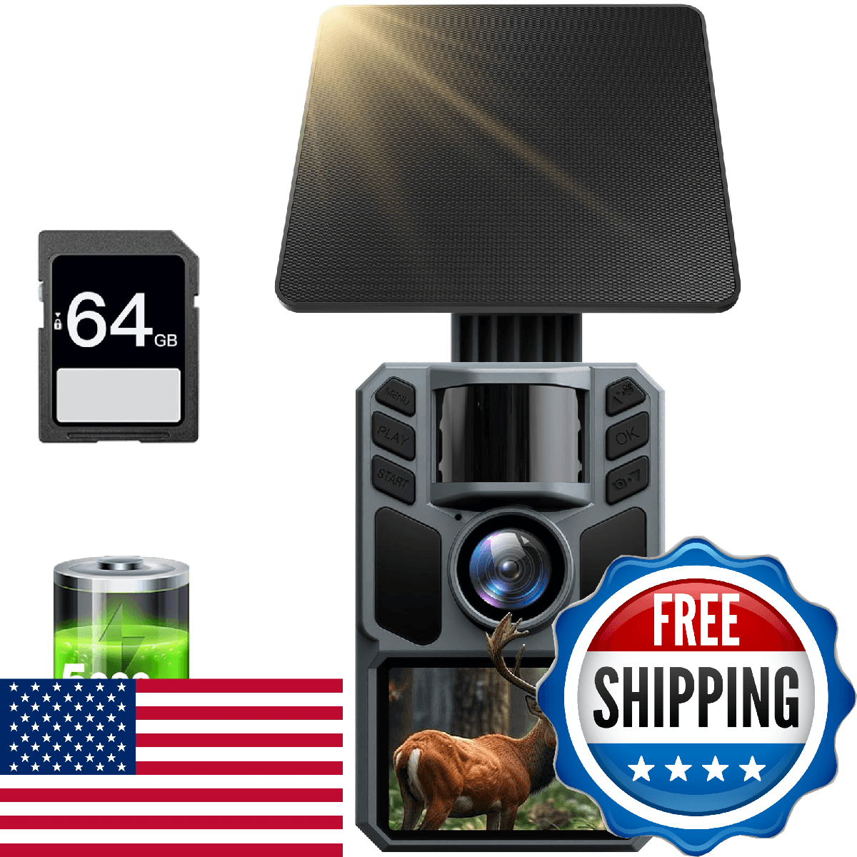 FKPCAM Trail Camera Solar Powered 4K 48MP, Trail Camera with 5000mAh Battery & 6 - Image 1