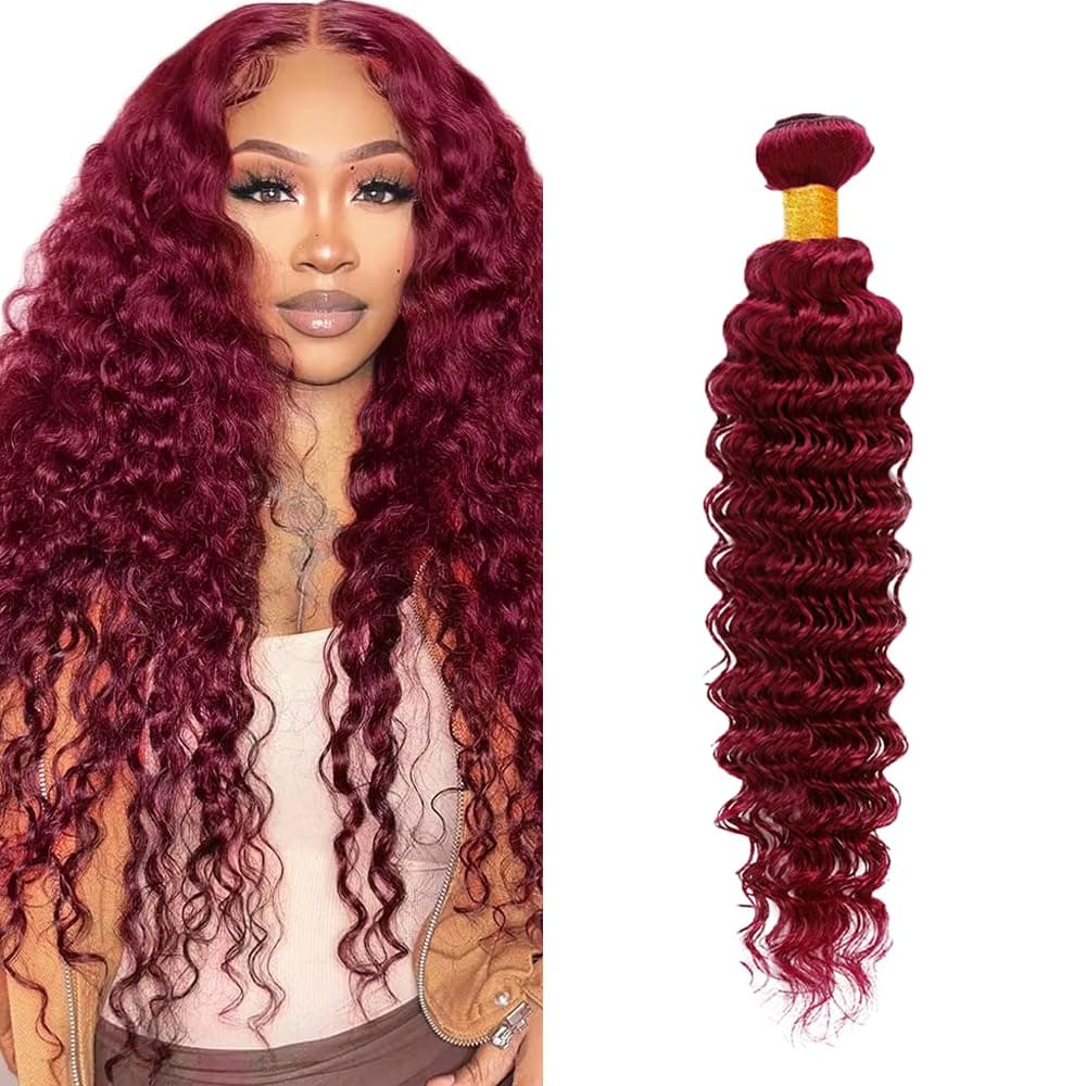 Burgundy Bundles Human Hair Burgundy Deep Wave Bundles 16 inch Red Human Hair Bu - Image 1