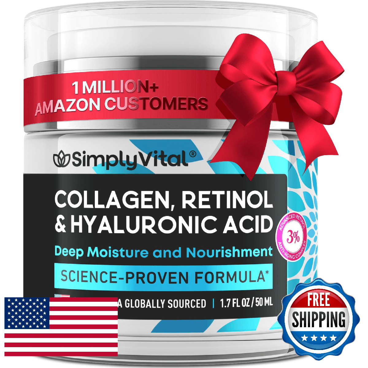 SimplyVital Collagen Retinol Hyaluronic Acid Face Moisturizer 1.7oz Made in USA - Image 1