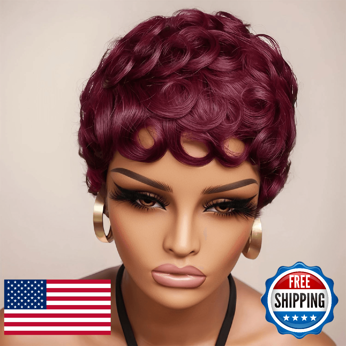 showreal Pixie Cut Curly Wigs for Black Women Dark Red 99J Color Short Pixie Wig - Image 1