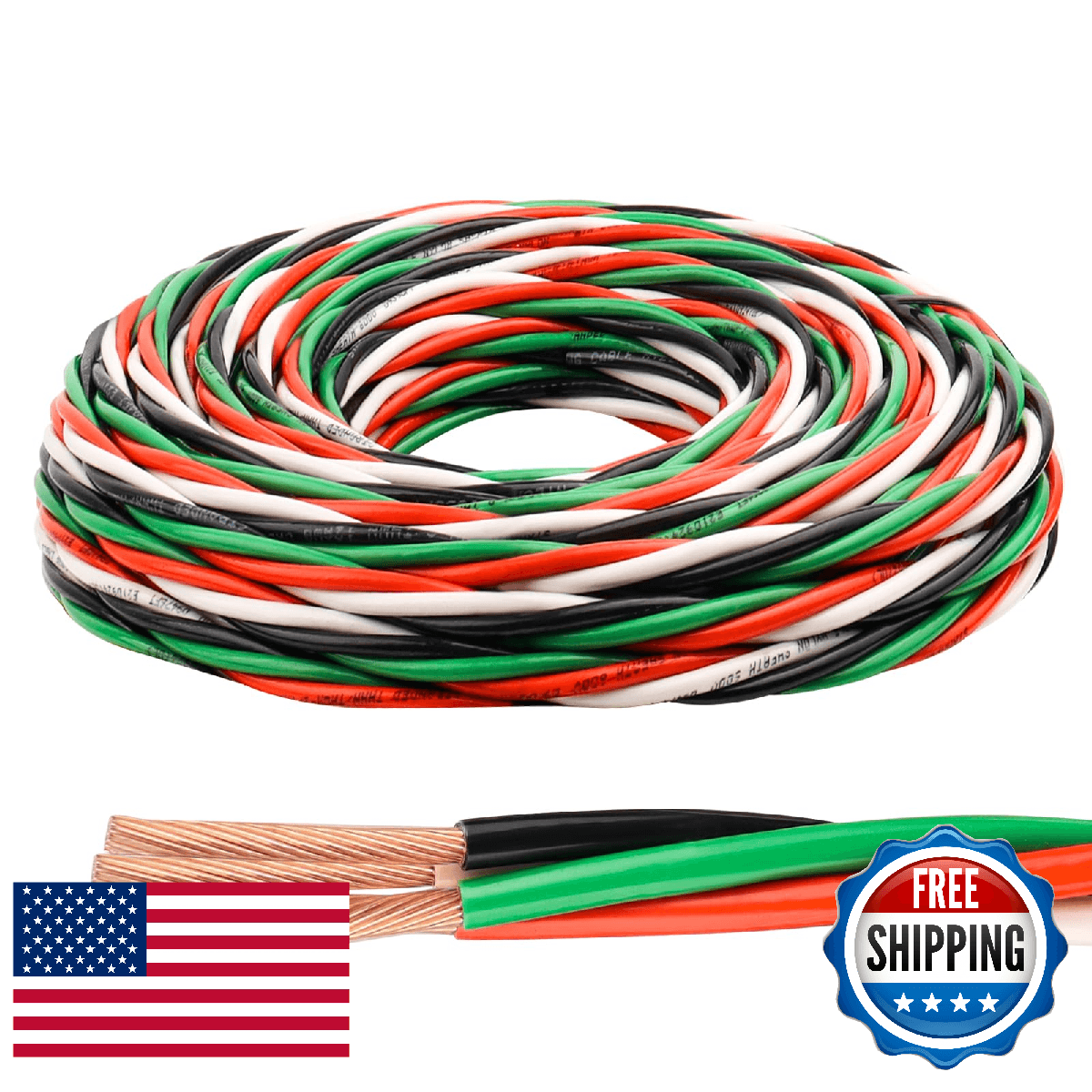 THHN Wire 12 Gauge 25 FT 4 Conductors Copper Wire Black Red White Green, 12/3 AW - Image 1