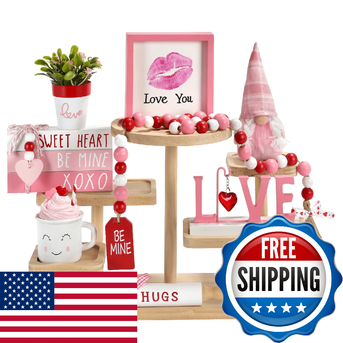 Pink Valentine's Day Decorations 8 PCS Tiered Tray Decor Set, Cute Tabletop Vale - Image 1
