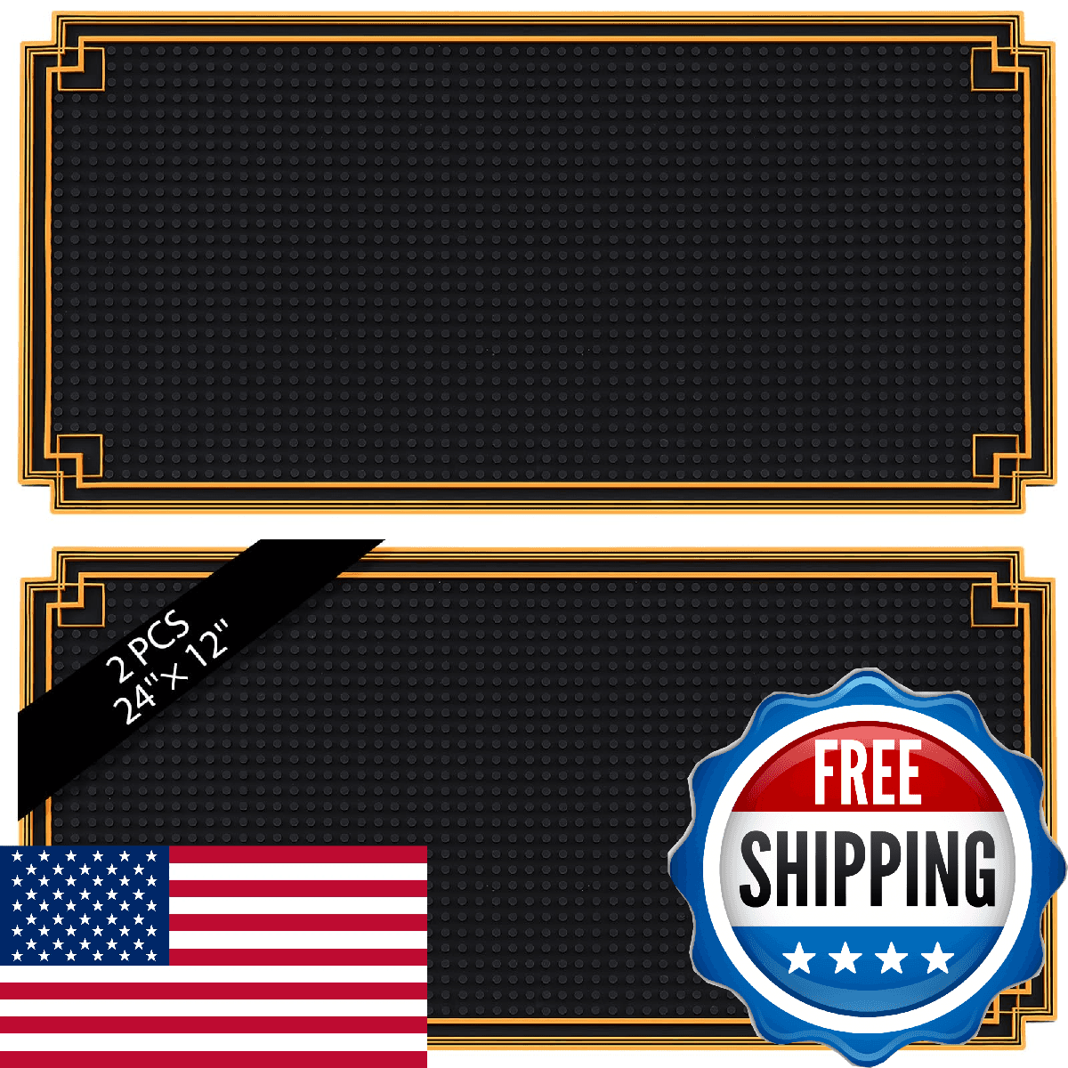 Drydiet 2 Pcs Bar Mat 24 x 12 Inch Non Slip Rubber Mat with Gold Border Durable - Image 1