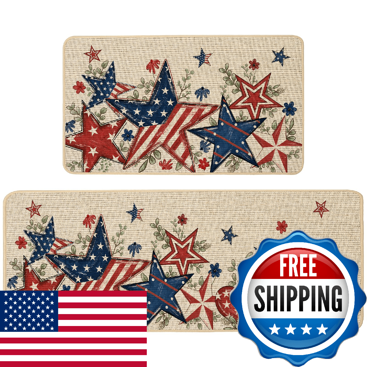 Baccessor Patriotic Kitchen Rugs Set of 2 Memorial Day 4th of July Stars Stripes - Image 1
