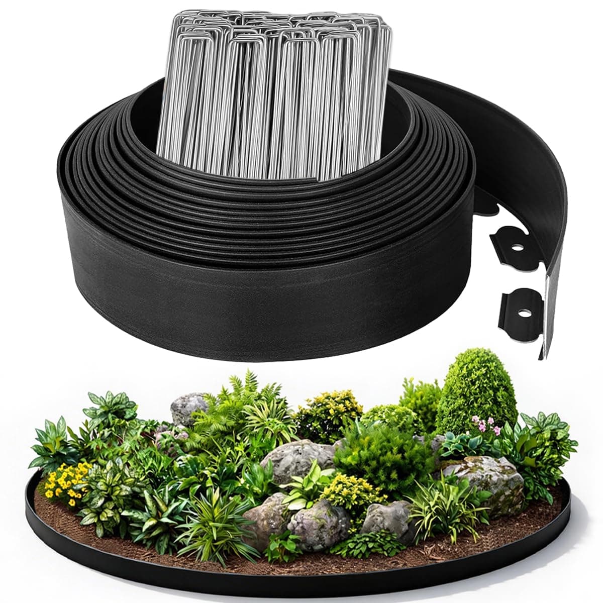 Garden Edging 3IN x 39FT, Plastic Landscape Edging Borders Kit with 60 Metal Spi - Image 1