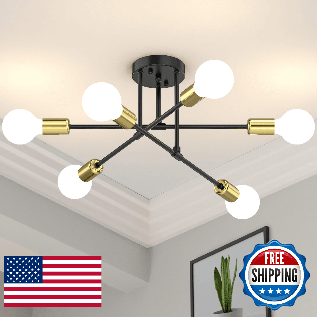 Phaosio Modern Sputnik Chandelier Ceiling Light Fixtures, 6-Lights 22” Mid Centu - Image 1
