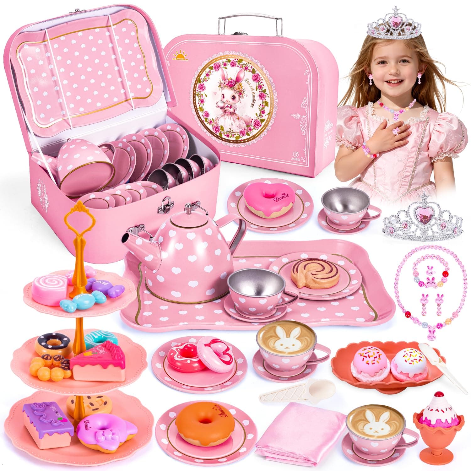 Hohosunlar Tea Party Set for Little Girls, Princess Tea Time Toy for Toddler, Ti - Image 1