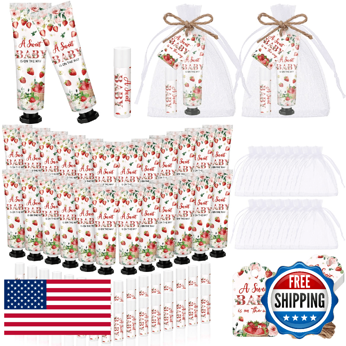 Dansib 24 Sets Strawberry Baby Shower Hand Cream and Lip Balm Gift Sets Sweet Ba - Image 1