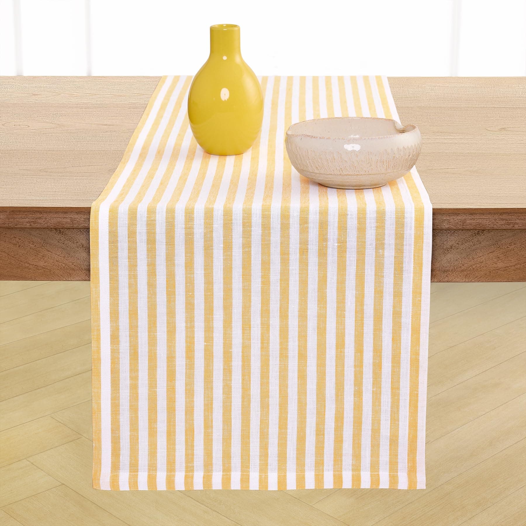 Solino Home Linen Table Runner 48 Inches - Amalfi Stripe 100% Pure Linen Mustard - Image 1