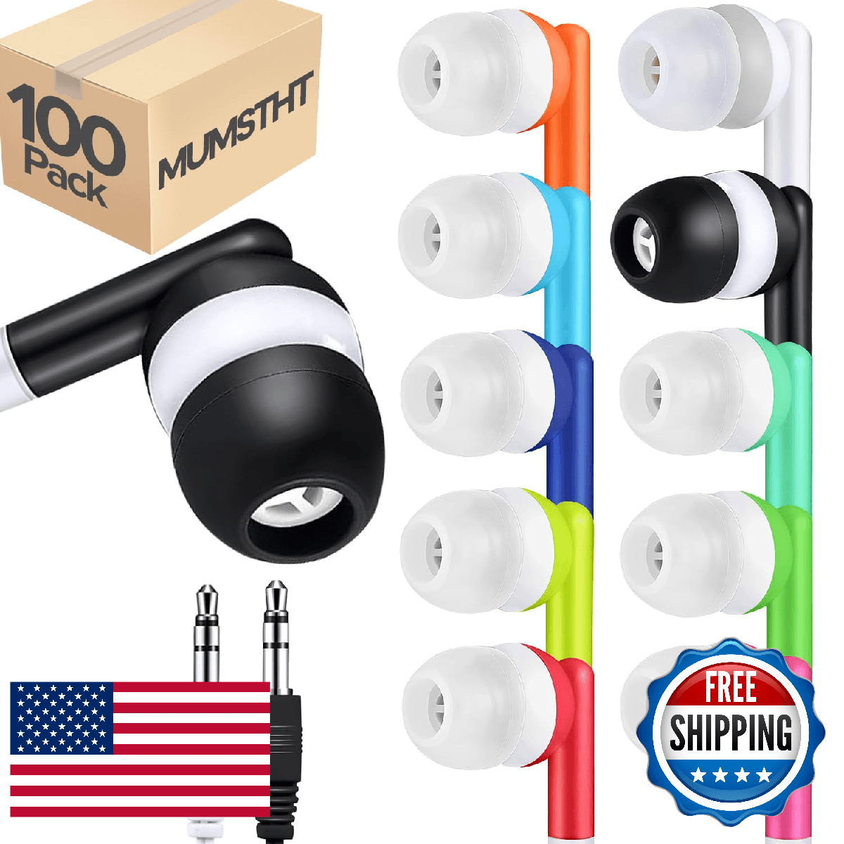 MUMSTHT 100 Pack Bulk Earbuds Kids Classroom School Wired Durable Earphones Stud - Image 1