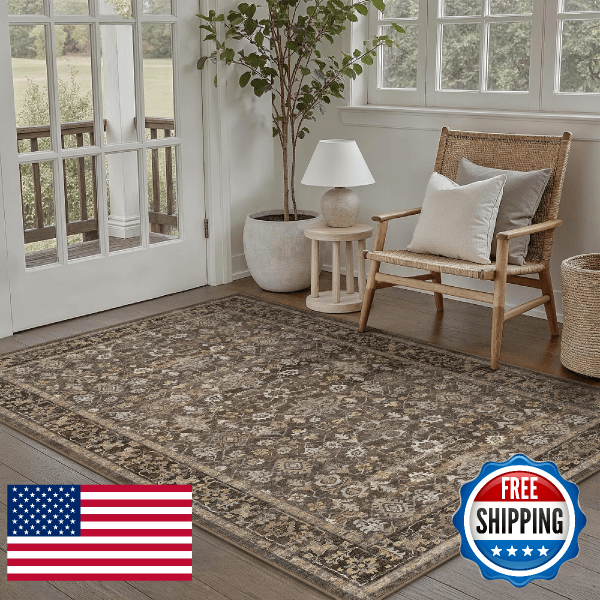 WondRg 3x5 Brown Washable Vintage Area Rug for Living Room Soft Floral Non Slip - Image 1