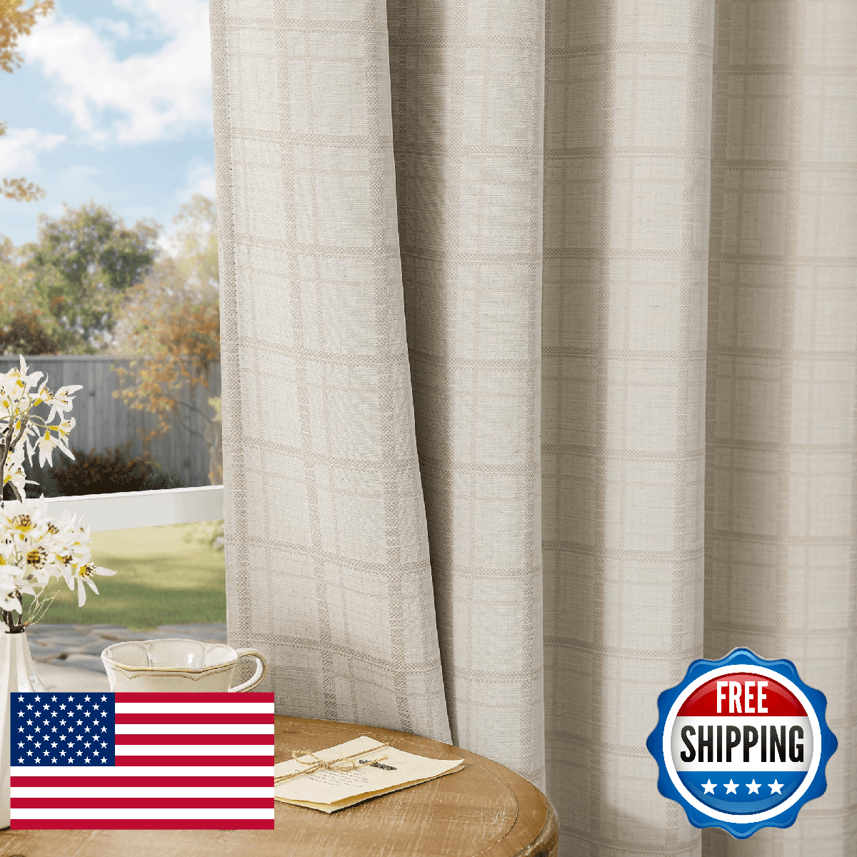 Beauoop Beige Plaid Jacquard Blackout Curtains 90 Inches Long 2 Panels for Bedro - Image 1