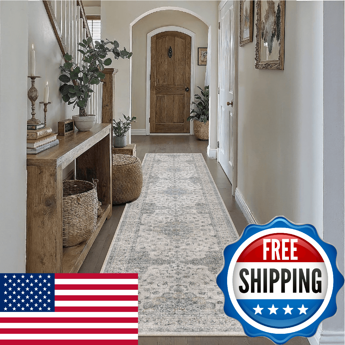 HUGEAR Hallway Runner Rugs 3x10 Machine Washable Vintage Blue Throw Carpet Non S - Image 1