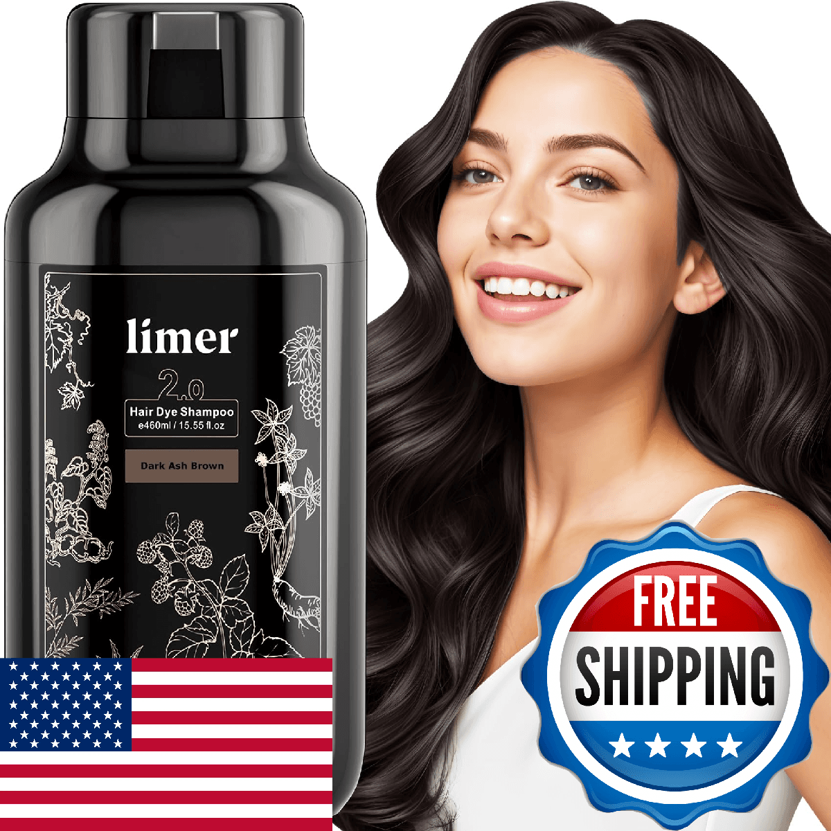 Limer Hair Dye Shampoo Dark Ash Brown 3-in-1 Hair Color Gray Coverage Men Women - Image 1