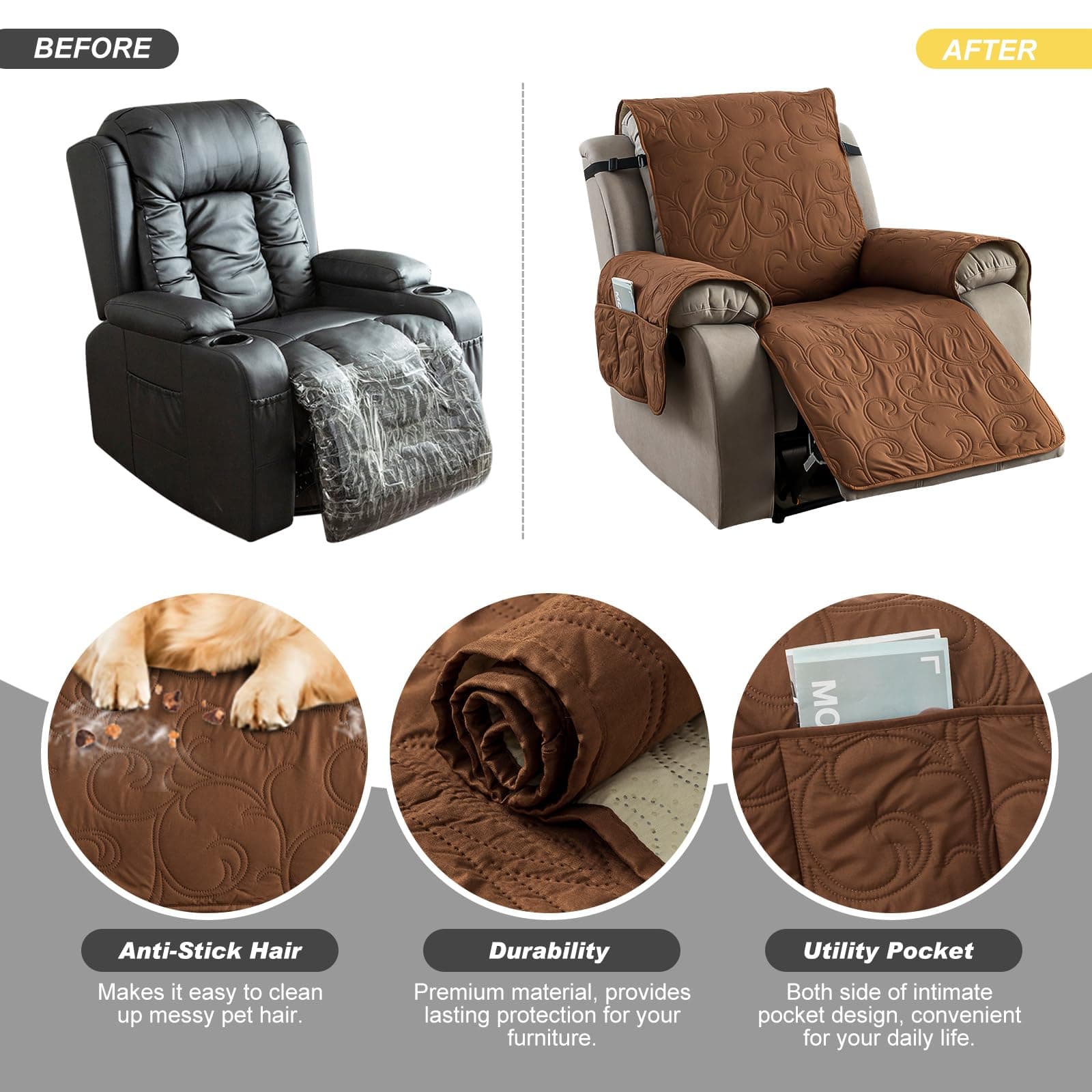 YUEANG 100% Waterproof Recliner Chair Cover 30" Non-Slip Fabric Protector for Li - Thumbnail 4