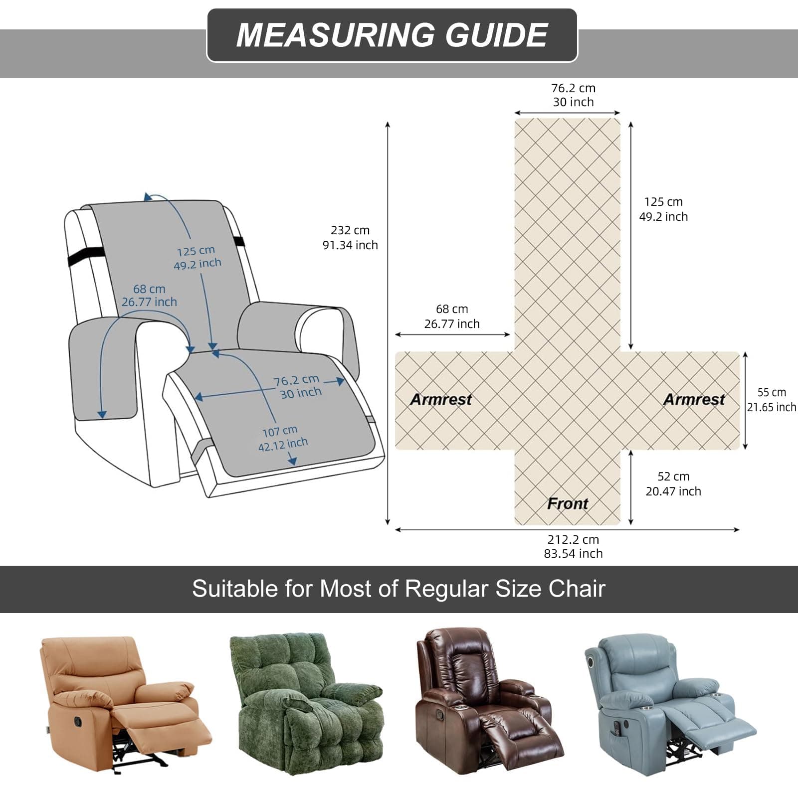 YUEANG 100% Waterproof Recliner Chair Cover 30" Non-Slip Fabric Protector for Li - Thumbnail 2