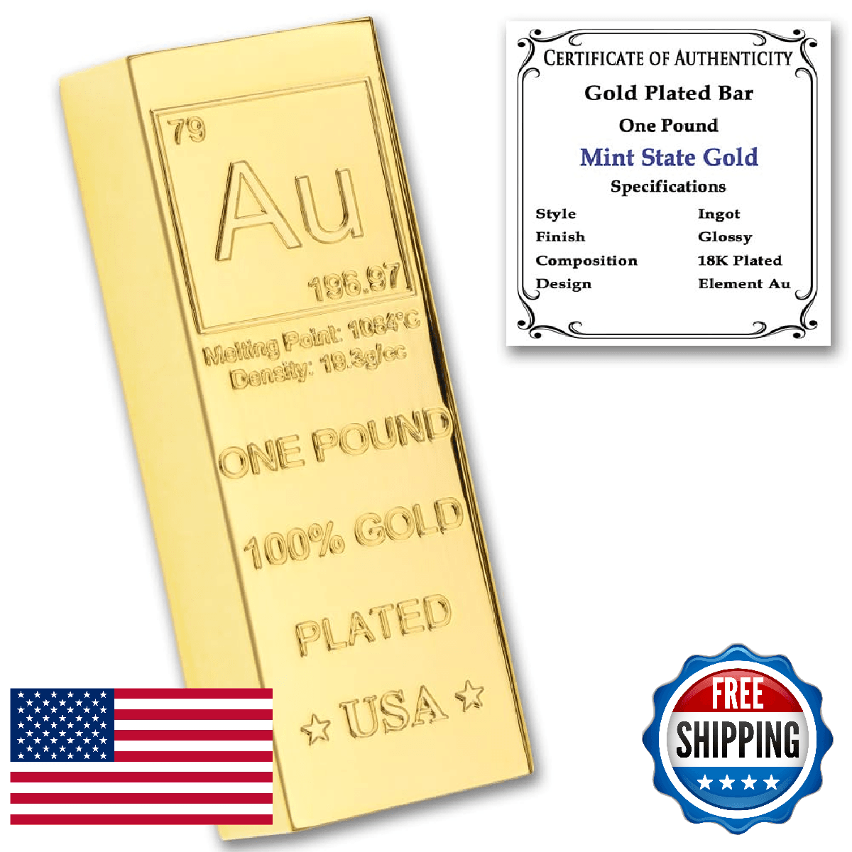 1 lb Gold Plated Bar (Trapezoid Ingot) 18K Paperweight - Element Design with Cer - Image 1